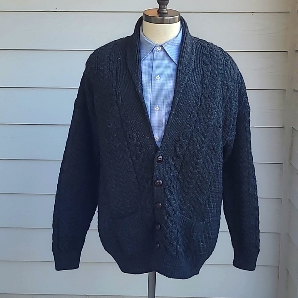 CARRAIG DONN Ireland Grey Knit Weave Pure‎ New Wool Tweed Sz XL Cardigan Sweater